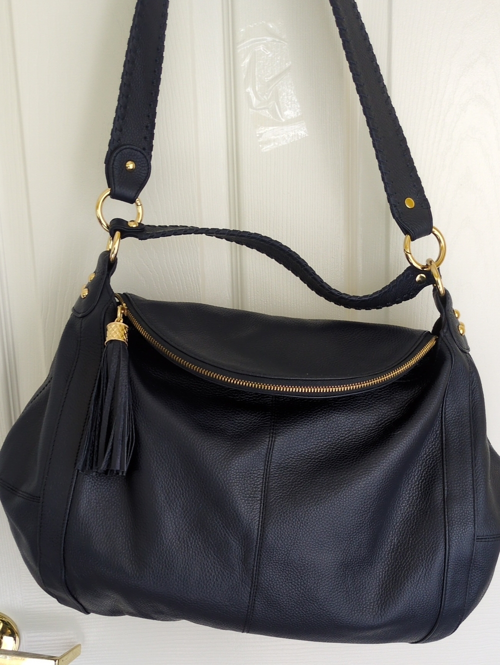 Onna Ehrlich Blue Leather Shoulder Bag with Tassel and Gold Hardware